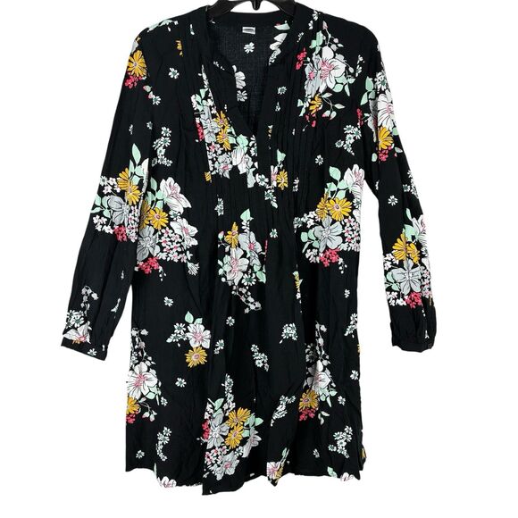 Old Navy Floral Long Sleeve Dress Womens M Black Shift Short Boho Casual Modest - Picture 1 of 8